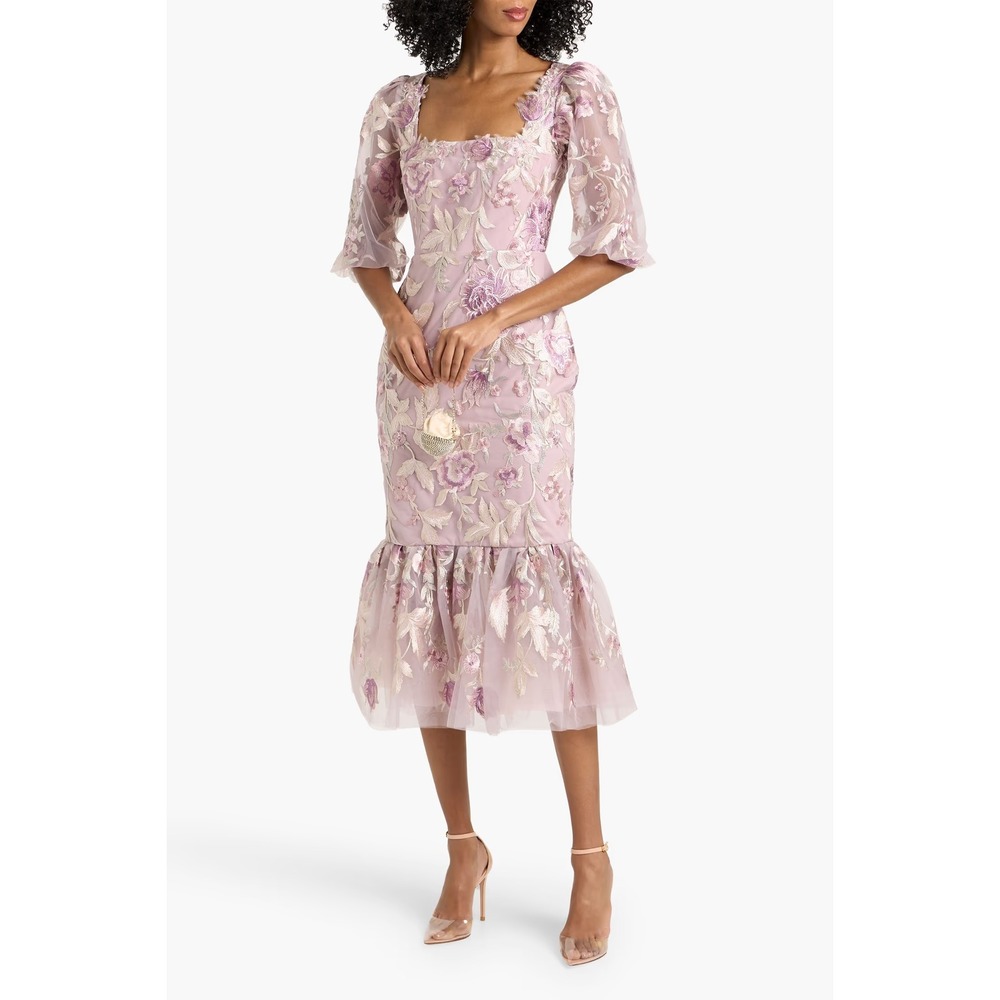 NEW $795 Marchesa Notte [ 6 ] Embroidered Puff Sleeve Midi Dress Rose Pink J2151 - Picture 15 of 15
